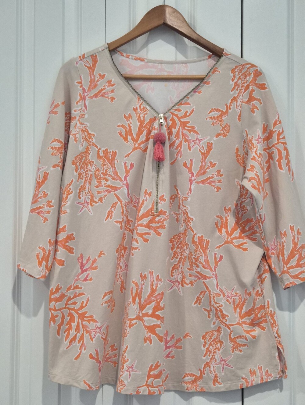 Belle by Kim Gravel Primabelle Coral Reef Tassel Half Zip Top 1X